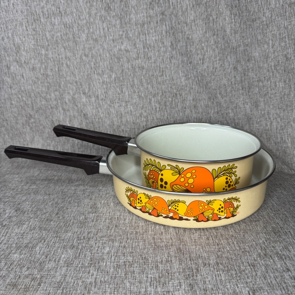 Vintage Merry Mushroom Enamel Cookware Set Retro 70s Skillet and Saucepan Retro